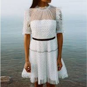 SELF-PORTRAIT Ruched Pleated Polka-dot Flocked Tulle Mini Dress